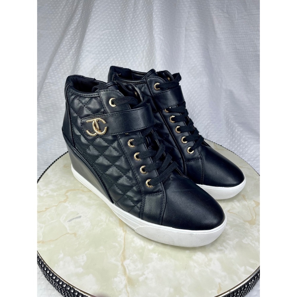 Juicy Couture Journey Quilted Wedge Sneakers Women 8.5 Black Hi Top Ankle Boots